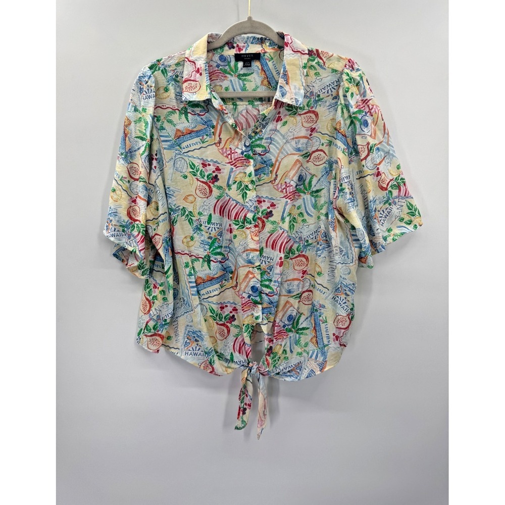 Haver Tropical Hawaiian All Over Print Button Up Tie Front Top XL Resort Beachy